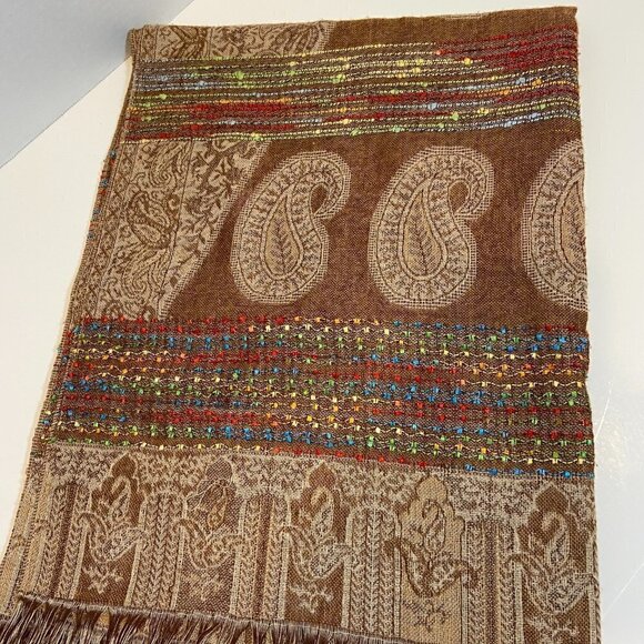 Oversized tan and multi-color paisley embroidered scarf - Picture 2 of 8